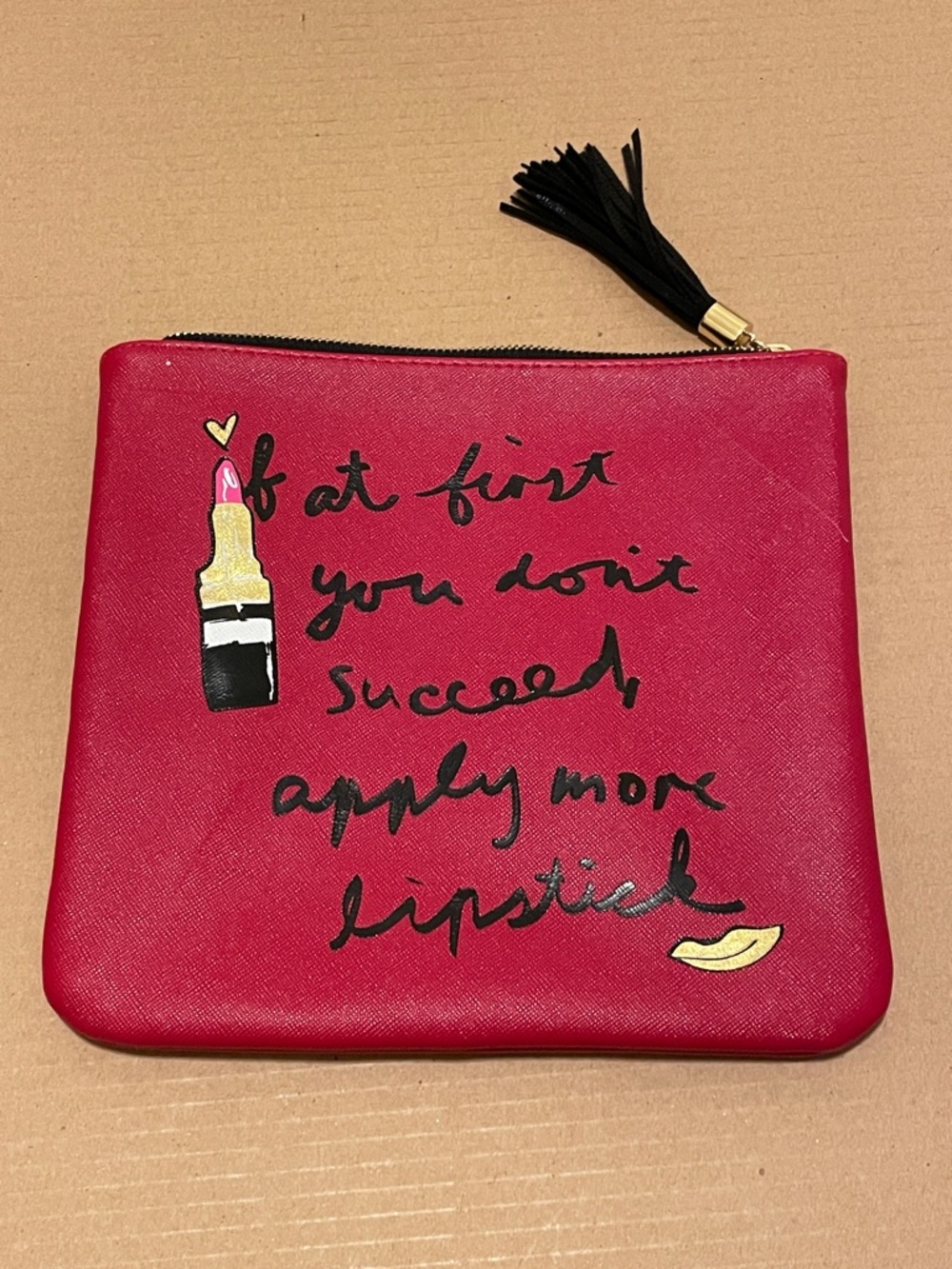Estee Lauder Red Cosmetic Pouch with Lipstick Graphic and Black Tassel